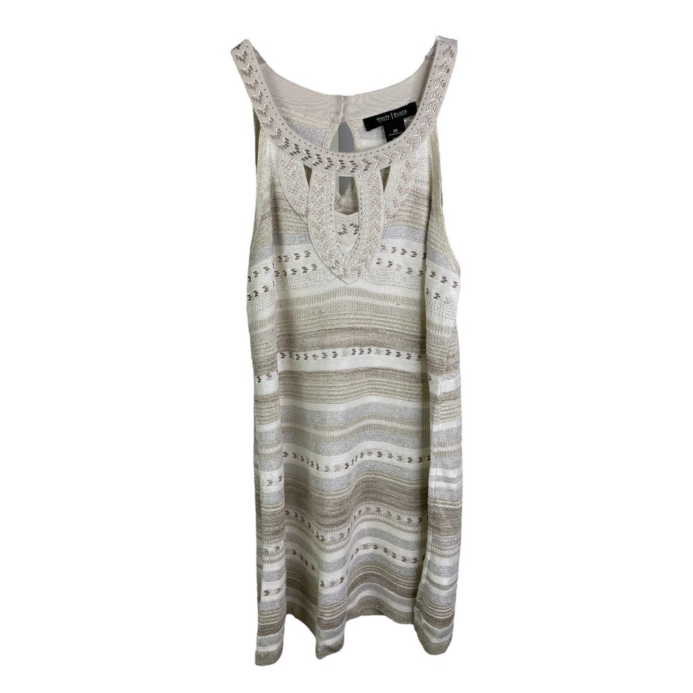 White House Black Market Women Top Beaded Knit Metallic White Tan Sleeveless XS